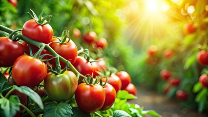 Tilt-Shift Photography: Red Tomatoes on the Vine, Vibrant Garden Vegetables, Miniature Garden Scene