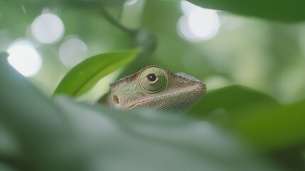 Fototapeta premium Close-Up Photograph of a Chameleon Among Green Leaves in Nature