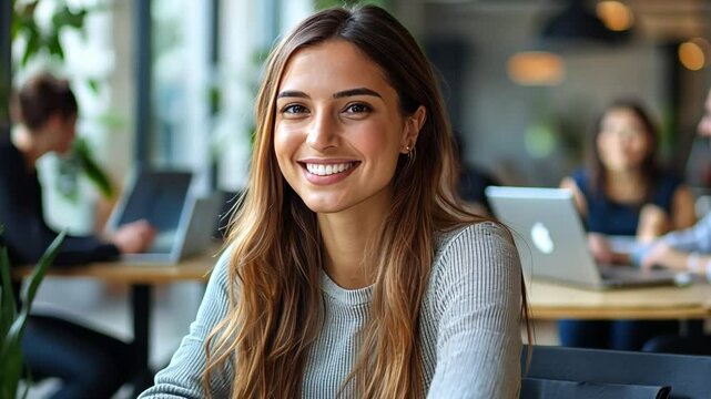 Smiling Woman in a Cafe: A young woman with warm brown eyes and long, flowing hair radiates happiness as she sits in a bustling cafe, bathed in the soft light streaming through the windows.