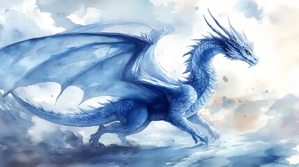 Watercolor painting shows a majestic blue dragon in flight