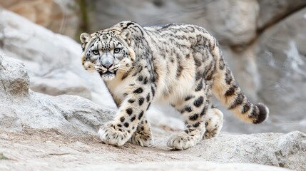 Obraz premium Snow Leopard Prowling Along Rocky Terrain in Natural Habitat