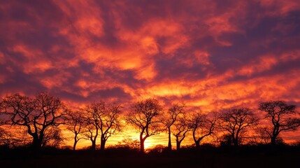 Vibrant Sunset Behind Silhouetted Baobab Trees in Dramatic Sky