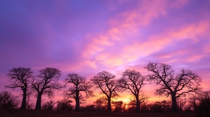 Fototapeta premium Majestic Sunset Behind a Row of Silhouetted Baobab Trees
