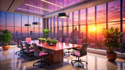 Fototapeta premium Urban Exploration Photography: Pink Sunset Modern Meeting Room - Large Windows, Plants