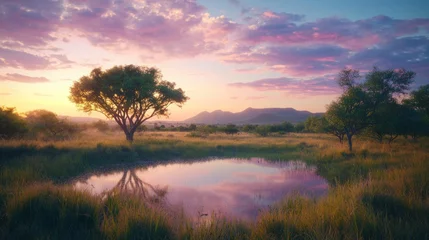Papier peint photo  Vibrant Sunrise Over Wildlife Reserve with Lush Green Landscape  © Jakkarin