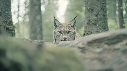 Close-Up Perspective of a Curious Lynx in a Forest Environment