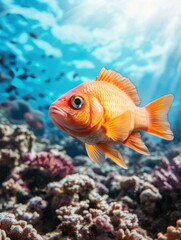 Fototapeta premium A vibrant orange fish gracefully swims among colorful coral in a sunlit underwater scene, showcasing the beauty of marine life.