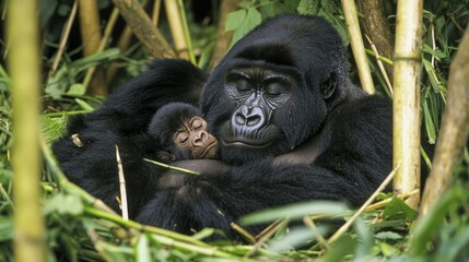 Obraz premium Resting Group of Gorillas in a Mountainous Natural Habitat