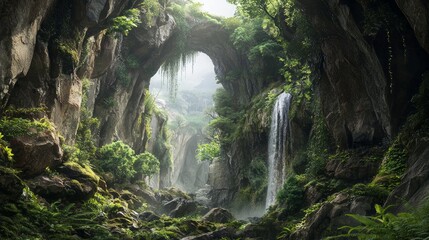 Hidden Silvery Waterfall Surrounded by Verdant Jungle Terrain