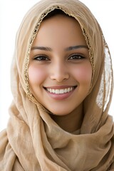 Beautiful Smiling Muslim Woman in Beige Hijab
