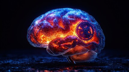 Glowing brain with gears, dark background; cognitive process concept