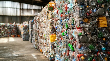 Fototapeta premium Mountains of Plastic: A Recycling Facility's Visual Representation of Waste and Sustainability