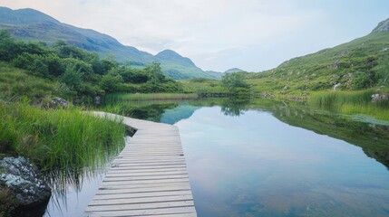 Serene Reflective Lake Surrounded by Lush Greenery and Mountains