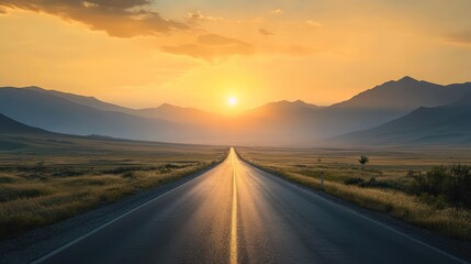 Fototapeta premium Sunset road trip, mountain landscape, journey ahead