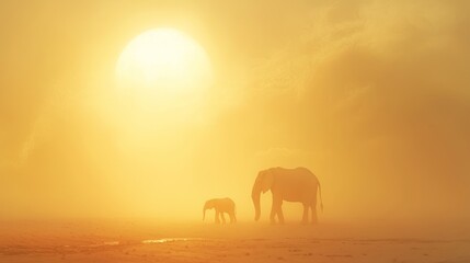 Fototapeta premium Mother Elephant Leading Her Calf in a Golden Sunset Atmosphere