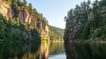 Fototapeta premium Serene Lake Framed by Towering Mountains and Lush Forests