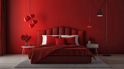 Romantic Red Bedroom Interior Design with Hanging Hearts