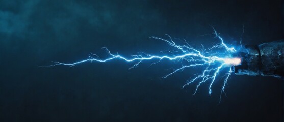 Powerful Blue Lightning Bolt Striking Down from Black Metal Cable in Dark Background  Concept of Energy and Danger