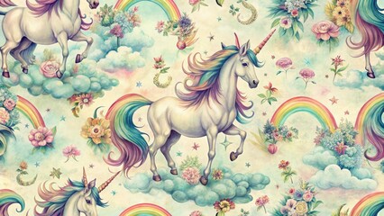 Obraz premium Vintage Unicorn Pattern Photography: Magical Pastel Rainbow Horse, Whimsical Fantasy Art