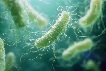Fototapeta premium Microscopic View of Salmonella spp Bacteria with Flagella in Motion