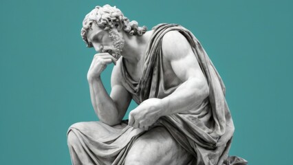 Marble statue of man in thoughtful pose on pedestal, classical style, black & white, turquoise background.