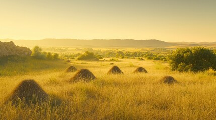 Obraz premium Serene Grassland with Dotted Termite Mounds in Golden Light