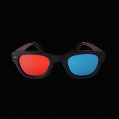 Stylish blackframed sunglasses with red and blue lenses on black background, featuring curved temples with adjustable loop.