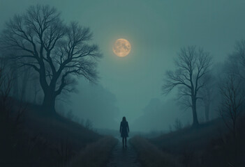 Silhouette Walking on a Foggy Path Under a Full Moon