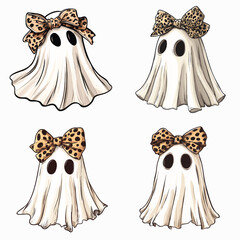 Cute Ghost with Leopard Print Bow - Halloween Clipart Vector Illustration Set