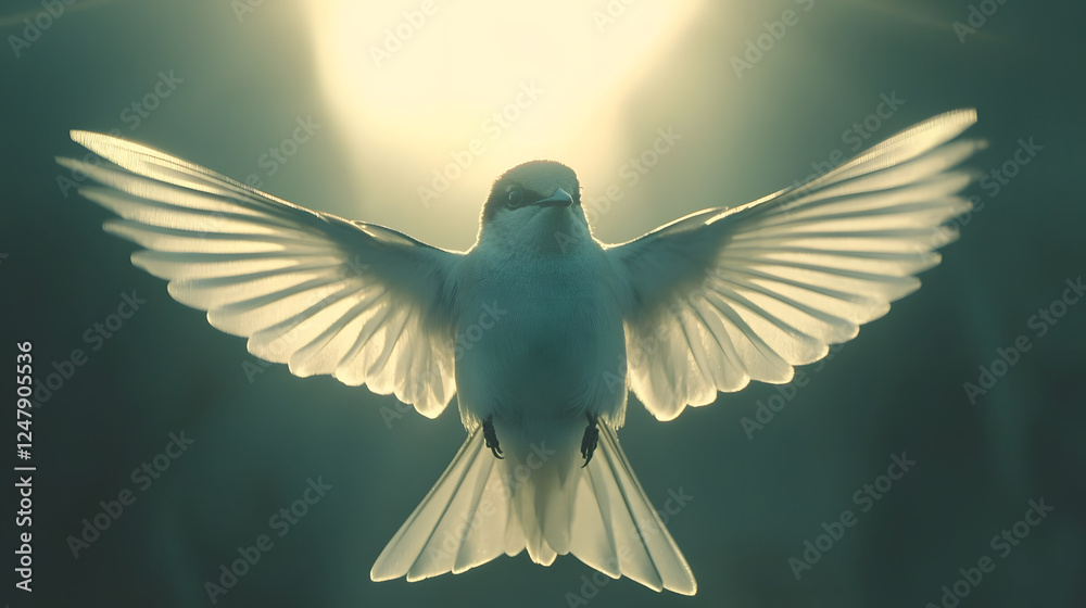 Poster a serene white bird with outstretched wings, illuminated by soft light, creates a tranquil and ether