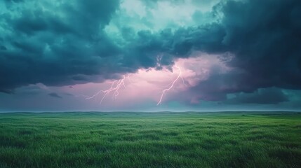 Fototapeta premium Dramatic Lightning Strikes Over Broad Grassy Field at Dusk