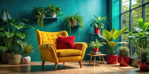 Obraz premium Yellow Armchair Red Cushion Green Plants Turquoise Walls Interior Design Photography