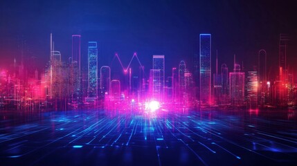 Fototapeta premium Futuristic Cityscape Neon Skyline and Digital Network