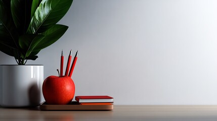 Minimalist Workspace Still Life: Red Apple, Pens, Notebooks, and Plant