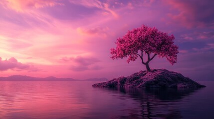 Fototapeta premium Pink tree sunset, calm sea, island, peace, nature