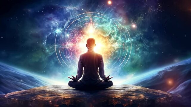 A person meditating on a cosmic landscape, viewed from behind. Vibrant, mystical aura surrounds them, creating a serene, otherworldly video atmosphere.