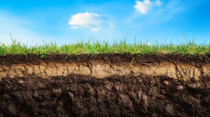 Cross section soil layers beneath grass field, natural geological strata, rich earth tones, environmental photography, clear blue sky backdrop, detailed ground composition, scientific documentation
