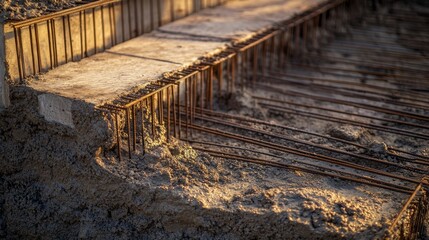 Ground level construction shot, flowing cement material, cross-hatched steel reinforcement, architectural detail photography, industrial process documentation, structural foundation work, sharp focus