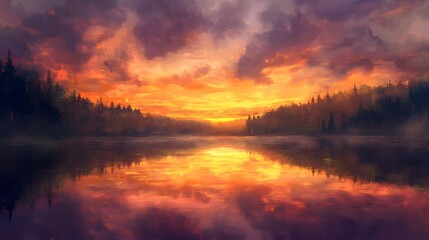 Dramatic sunset reflection on water with forest silhouette