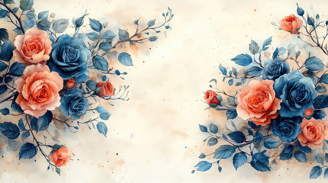 Watercolor painting of peach and blue roses with branches and leaves on a beige background, creating a romantic and elegant design.