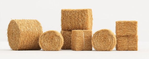 Aesthetic Arrangement of Hay Bales in Various Shapes and Sizes against a Minimalist White Background