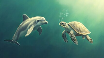 Obraz premium Dolphin and Sea Turtle Underwater Encounter: A Serene Ocean Moment