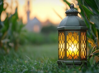 Illuminated lantern sunset field mosque Ramadan