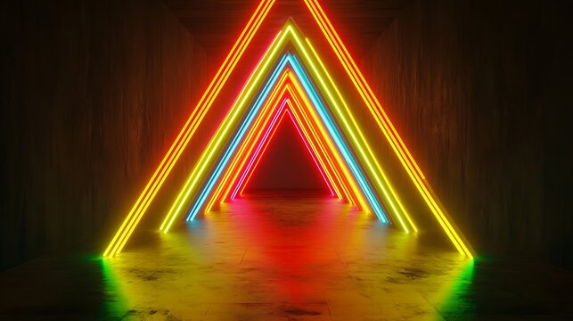 Vibrant Neon Lights Form Triangular Tunnel Corridor