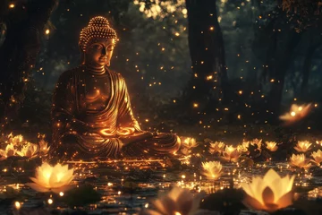 Serene Buddha statue amidst glowing lotus flowers and fireflies in a tranquil forest  meditation, spirituality