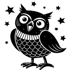 A cute, cartoon owl in the night white background vector art illustration
