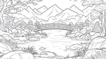 Serene mountain river scene; bridge, coloring page