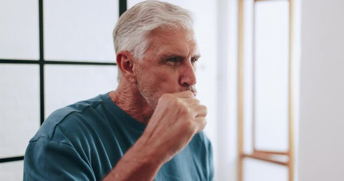 Bathroom, morning and mature man brushing teeth for oral hygiene, fresh breath and getting ready. Health, wellness and senior person with toothbrush for dental care, cleaning and grooming in home - Powered by Adobe