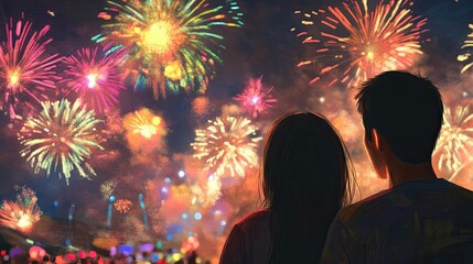 Couple watches vibrant fireworks display, nighttime crowd.