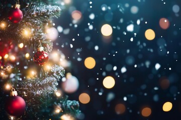 Abstract black background with bokeh lights and falling snowflakes, glittering white particles on a dark backdrop.